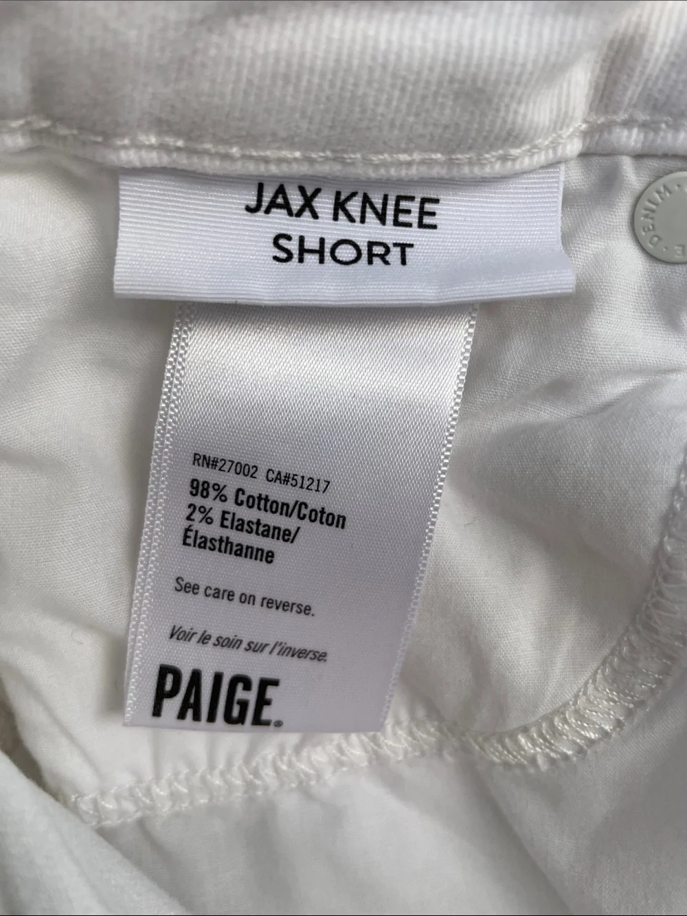PAIGE Jax Knee Short White Cuffed Denim Cotton/Elastic Blend
